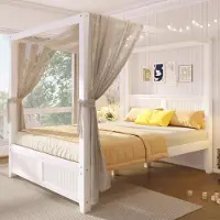 MODFU Himmelbett 140 x 200 mit offener Dachrahmen,Jugendbett mit dekorativer Lamellen-Optik, Kinderbett,Einzelbett ohne Matratze, Weiß