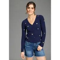 Kangaroos Strickjacke , Damen, Gr. 44/46, blau (marine), Rippstrick, Obermaterial: 70% Viskose, 30% Polyamid, figurbetont hüftlang, V-Ausschnitt, Strickjacken Strickjacke, aus Rippstrick mit Stickerei