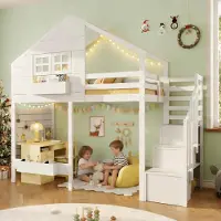 Sonstiges Hochbett mit Stauraumtreppe 90x200 cm Hausbett Design mit Fenster für Kinder, Massivholz Weiß