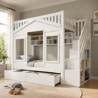 Sonstiges Hochbett 90x200 für 2 Kinder mit Stauraum, Hausbett-Design, Treppe, Schubladen, Regalen, Rausfallschutz, Lattenrost, Weiß