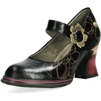 LAURA VITA Damen Mary Jane Pumps mit Blumenprägungen Eleao 01, Größe:39 EU, Farbe:Schwarz