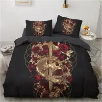 Sonstiges Bettwäsche Set 3-teilig 155x220cm Schwarz Gold Schädel Rosen Mikrofaser mit Reißverschluss und 2 Kissenbezügen 80x80cm