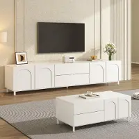 Merax Wohnzimmer Möbelset, TV-Schrank mit Couchtisch, Wohnwand Set mit Bogen Türen, Stauraum Schubladen, Stahlrohrfüße, Wohnzimmermöbel Set, Weiß