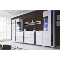 EURO-MEBLE Wandschrank Marco 6 Wohnzimmermöbel Set + Led (Weiss/Schwarz)