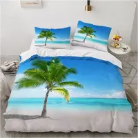 Sonstiges Bettwäsche-Set 220x240 cm 3D Strand Motiv Blau Grün Mikrofaser 3-teilig mit Reißverschluss