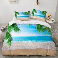 Sonstiges Bettwäsche-Set 200x200 cm 3D Motiv Strand Meer Blau Grün Mikrofaser 2 Kissenbezüge 80x80 cm Reißverschluss