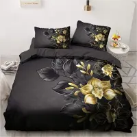 Sonstiges Bettwäsche-Set 135x200cm Schwarz Gold Romantisch Floral Microfaser mit Reißverschluss und 1 Kissenbezug 80x80cm