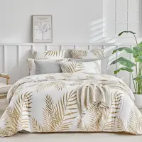 Sonstiges Bettwäsche-Set King-Size tropisches Blättermuster weiß/gold 200x200 cm Mikrofaser 3-teilig