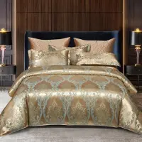 Sonstiges Bettwäsche Set 200x220 cm 2x 80x80 cm Satin Jacquard Blumenmuster Gold Wendebettwäsche Reißverschluss