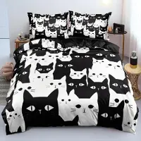 Sonstiges Bettwäsche-Set 155x220 cm 2x 80x80 cm Halloween Katze Schwarz Weiß Mikrofaser mit Reißverschluss