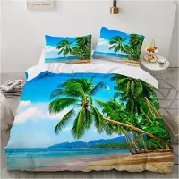 Sonstiges Bettwäsche Set 220x240 cm 3D Strand Motiv Blau Grün Mikrofaser 3-teilig mit Reißverschluss und 2 Kissenbezügen 80x80 cm