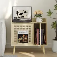 Merkloos Schallplattenregal Plattenständer Vinylhalter - Rattantüren - Geschlossener Stauraum - Massivholzbeine - Asymmetrisches Design