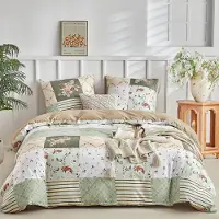 Sonstiges Bettwäsche-Set 200x200 cm 3-teilig Patchwork Blumenmuster Bohemi Grün Mikrofaser mit Reißverschluss