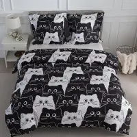 Sonstiges Bettwäsche 240x220 cm 3er Set Katzenmuster Schwarz Weiß mit Reißverschluss
