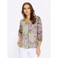 Witt Schlupfbluse "Georgette-Bluse Georgettebluse mit Gummibündchen an Ärmeln und Saum", Damen, Gr. 54, pistazie, orchidee, bedruckt, Web, Stoff, , Elegant, Rundhals, Blusen Schlupfbluse
