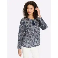 HEINE Klassische Bluse "Druckbluse Druckbluse mit floralem Muster", Damen, Gr. 46, blau (champagner, dunkelblau, bedruckt), Web, Stoff, , Modisch, Rundhals, Blusen Klassische Bluse