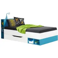 Furniture24 Bett Mit Federkernmatratze Mobi Mo18 90 X 200 Cm Kinderbett Jugendzimmerbett Mit Schublade Und Regalen Weiß/Türkis