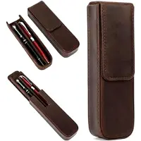 Markenlos Stiftehalter aus genarbtem Echtleder im Vintage-Stil mit Magnetverschluss und Schubladen-Design, mattes Kaffeebraun, 2 Fächer