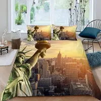 Sonstiges Bettwäsche Set 155x220 cm 2 Kissenbezüge 80x80 cm Mikrofaser 3D Druck Freiheitsstatue New York Skyline Reißverschluss