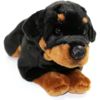Merkloos Plüschhund, Rasse Rottweiler, liegend - 45 cm - Schwarz und braun - Plüschtier für Kinder und Sammler