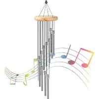 Unyqoos Windgong Silber – 12 Aluminiumröhren, ca. 60 cm, Holzblock Ø 8,5 cm, Nylon‑Schlaufen, Metall‑Klangspiel für Garten & Terrasse
