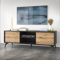 Ravio TV-Board DIAMOND RTV2D Gefräste Front Fischgrätmuster Eiche Evoke Schwarz Matt Metallfüße Schrank Lowboard