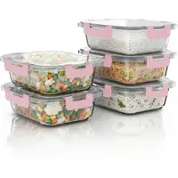 Arendo Frischhaltedosen 5er Set, Vorratsdosen aus Borosilikatglas je 1040 ml, Klickverschluss mit Silikondichtung, luftdicht, auslaufsicher, backofenfest, transparent/rosa