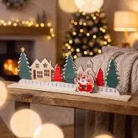 HomeShopXL Adventskalender mit Weihnachtsmann - Verschneites Weihnachtsdorf - MDF - Hellbraun - 40 x 12 cm - 1 Stück [58879]