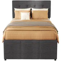OEM Einzelbett – Kinderbett – Stoffbett – Bett mit Aufbewahrungsraum – 90x200 cm – Verstellbares Kopfteil – Graues Laken