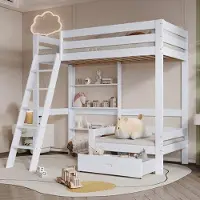 OEM Einzelbett – Kinderbett – Halbhochbett – Stapelbett – Weiss – 90x200 cm – Raumsparend – Mit Sitzfläche Und Schublade – Stabiles Massivholzgestell
