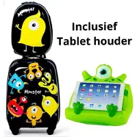 Unyqoos 3‑teiliges Kinderkoffer-Set – 16 Zoll Trolley (4 Rollen) & 12 Zoll Rucksack, Hartschale aus ABS mit PC-Folie, inkl. Tablet‑Halter, Cartoon‑Motiv