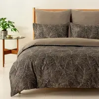 Sonstiges Bettwäsche-Set 200x200 cm 3-teilig mit 2 Kissenbezügen 80x80 cm, Tropisches Blatt Muster, Dunkelbraun, Mikrofaser, mit Reißverschluss