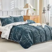 Sonstiges Bettwäsche-Set 200x200 cm 3-teilig Marineblau/Weiß Mikrofaser mit 2 Kissenbezügen 80x80 cm Zweigmuster Reißverschluss