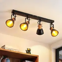 ZMH Deckenstrahler 4 Flammig Deckenlampe Schwarz E14 Vintage Flurlampe Schwarz Küchenlampe Metall Holz Deckenspots Industrial Wandstrahler für Flur