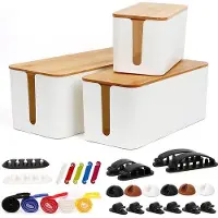 Unyqoos 3er-Set Kabelbox – ventilierte Kabelmanagement-Box mit 28 Kabelklemmen, mattweiß mit Holzmaserung, Maße L/M/S 15,75"/12,2"/9,05"
