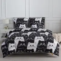 Sonstiges Bettwäsche-Set 240x220 cm 3-teilig mit Katzenmuster, 1 Bettbezug 240x220 cm, 2 Kissenbezüge 80x80 cm, Reißverschluss, Polyester Mikrofaser, Schwarz Weiß