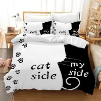 Sonstiges Bettwäsche-Set 200x200 cm Schwarz Weiß Romantik Katzenmotiv Mikrofaser 1 Bettbezug 2 Kissenbezüge