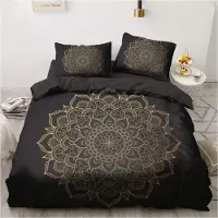 Sonstiges Bettwäsche-Set 4-teilig Schwarz Gold Mandala Muster Mikrofaser Vintage Bohemian 2x 135x200 cm + 2x 80x80 cm