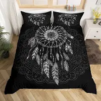 Benza Ibenzoa Boho-Mandala Bettbezug-Set mit Blumen und Federn, stilvolle Bettwäsche 220 x 240 cm