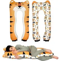 Unyqoos Tigermotiv Kuschel-Körperkissen 120x60 cm – Seitenschläfer- & Lesekissen für Kinder, waschbarer Bezug (Velvet vorne, Jersey hinten),  Klasse 1