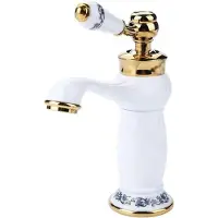 OEM Keramische kraan in antiek messing met blauw-wittem porselen, lange nek, koud- en warmwasser, ideal für Badezimmer und Küche