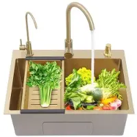 OEM Inbouw-RVS-Küchenarmatur - Goudfarben - 60x45 cm - mit 2 Düsen, Seifenbecken und Abflussbecher