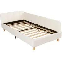 MODFU Polsterbett Einzelbett 90x200 mit Sicherheitsgitter und Seitentasche Kinderbett mit gepolstertes Kopfteil und Massivholz-Bettbeinen ohne Matratze Beige