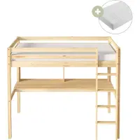 Sunny Sil Hochbett aus Holz mit Schreibtisch in Naturfarben | Kinderbett Mit Matratze | Einzelbett mit Treppe in 208 x 100,5 x 172 cm | Für