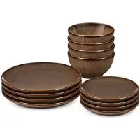 Mica Decorations Nusa Geschirrset Braun 12-teilig - Teller Set mit Subtilem Relief für den Alltag - Schüssel Set aus Steingut - Spülmaschinen- und Mikrowellengeeignet - Braun
