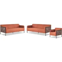 AEA Ledersofas-Set Modern Komplett Sofas 3-Sitzer Sessel Orange Edelstahl
