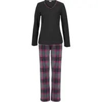 LASCANA Pyjama , Damen, Gr. 46, bunt (schwarz, pink, kariert), Flanell, Obermaterial: 100% Baumwolle, Basic, Basic lang, V-Ausschnitt, eingesetzt, Homewear-Sets Pyjama, mit kuscheliger Flanellhose