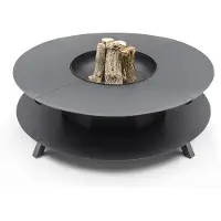 TheFavilla Feuerschale 120 cm Schwarz mit Holzfach, Design-Feuerstelle für den Garten