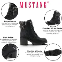 Mustang Winterstiefelette SHOES "Leila", Damen, Gr. 42, Warmfutter, schwarz, Lederimitat, Textil, Schuhe Winterstiefelette, Winterstiefel mit Kunstfellkragen und Blockabsatz