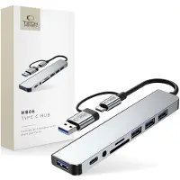 Tech-Protect Hb06 Hub-Adapter 8In1 Typ-C + Usb2.0 + Usb3.0 + Sd/Tf + Av3.5 Space Grau